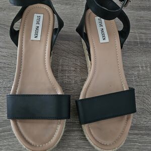 Steve Madden Black Leather Ankle-Strap Espadrille Sandals